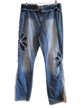 Wide Leg Elastic Waist Denim Jeans Hippie Boho Pants Crochet Trim bell bottom